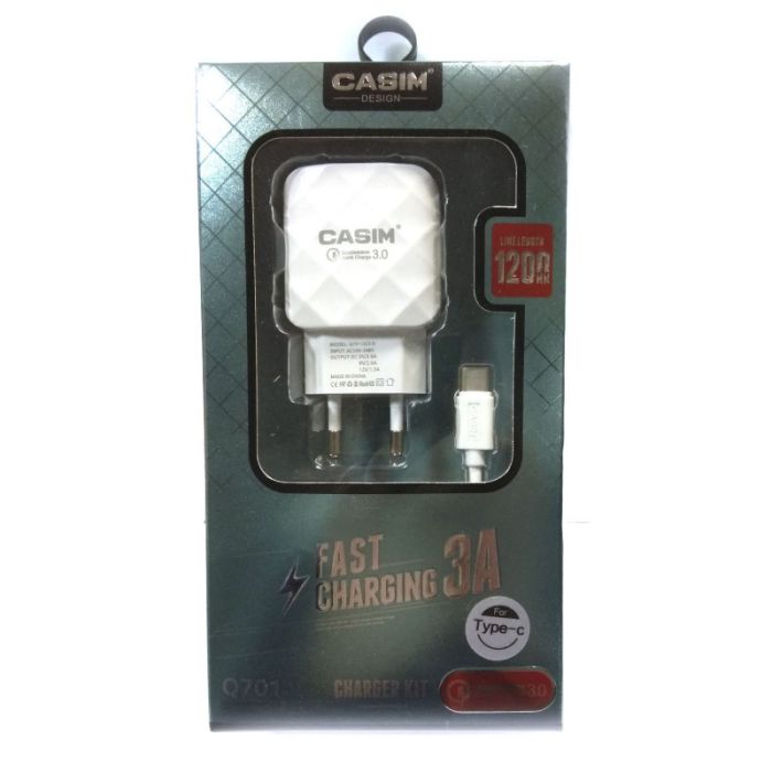 Сетевое зарядное устройство CASIM Q701 2в1 Fast Charg Fast Charge USB 3.0 A - Type-C 3A 1.2 м White (Белый)