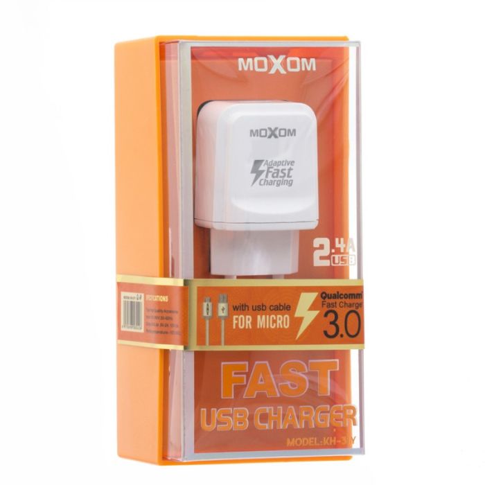 Сетевое зарядное устройство Moxom KH-31Y 2в1 Fast Charg QC3.0 USB 2.4 A - V8 (Micro USB) 1 м